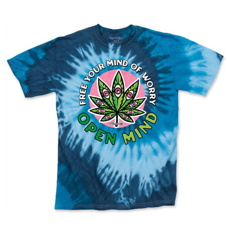 StonerDays Open Mind T-Shirt in Blue Tie Dye with Inspirational Cannabis Leaf Design, Front View