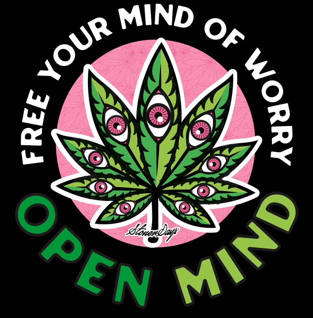 StonerDays Open Mind Hoodie graphic with cannabis leaf and eye design on black background