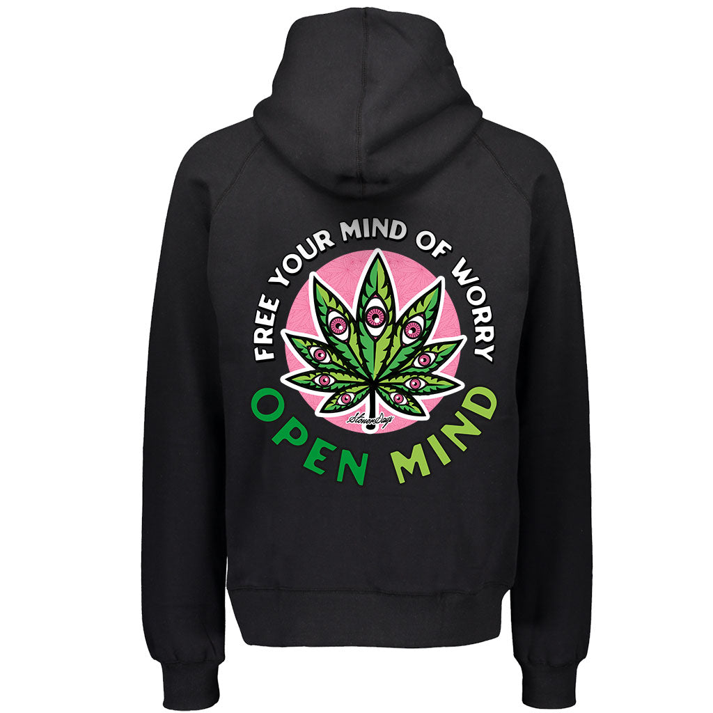 StonerDays Open Mind Hoodie, Men's black cotton sweatshirt with cannabis leaf design, rear view