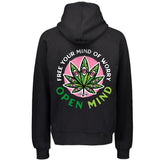 StonerDays Open Mind Hoodie, Men's black cotton sweatshirt with cannabis leaf design, rear view