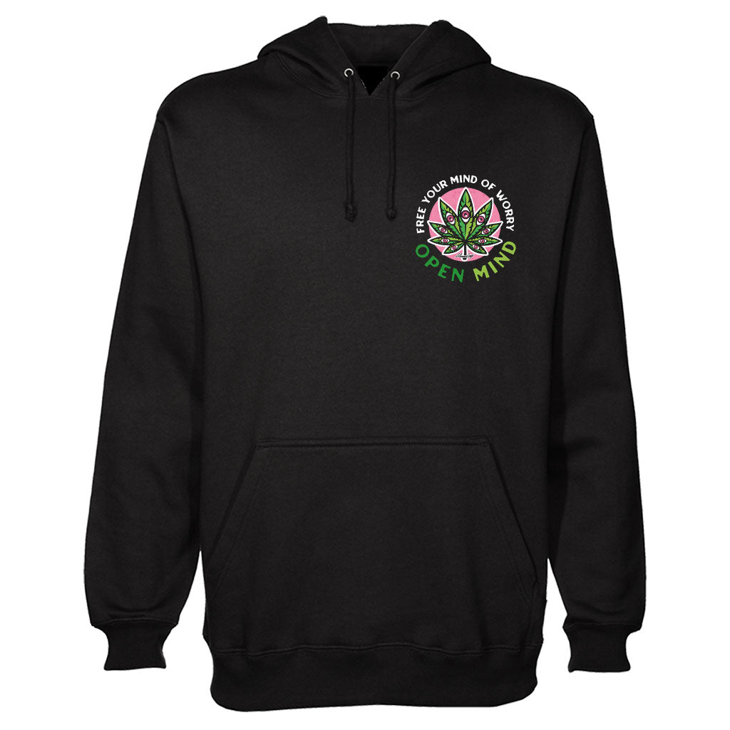 StonerDays Open Mind Men's Black Cotton Hoodie with Cannabis Leaf Design - Front View