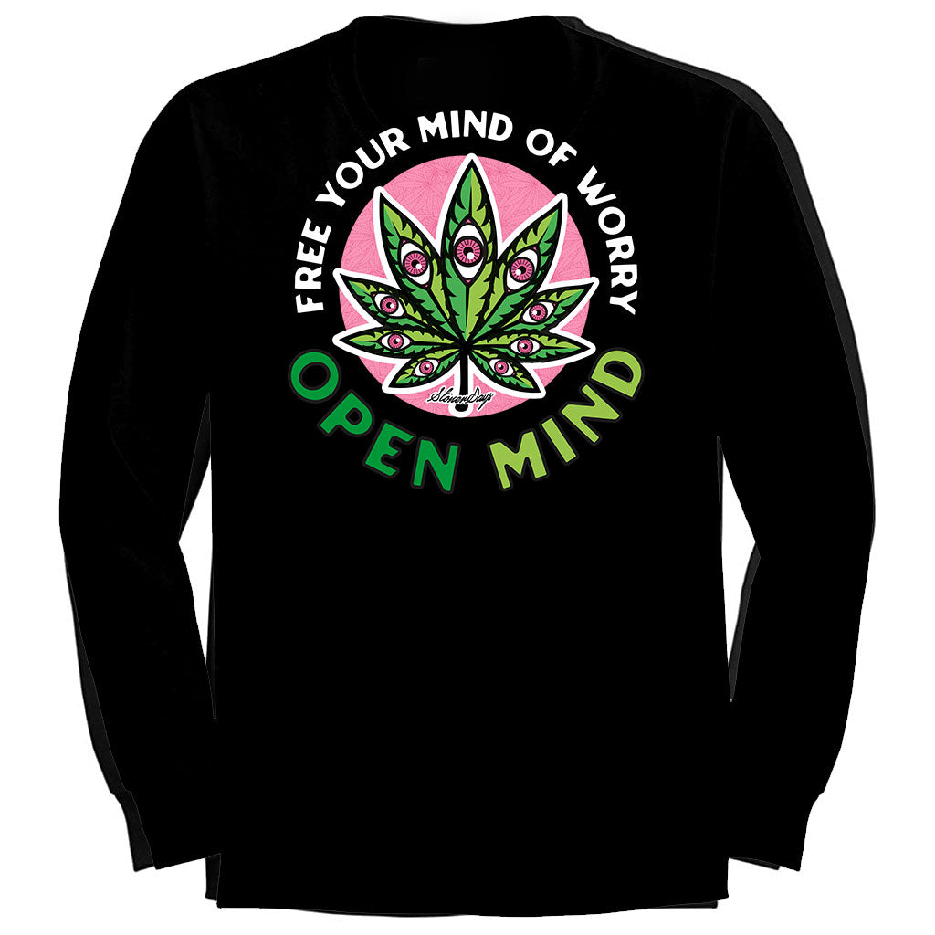 StonerDays Open Mind Long Sleeve shirt with vibrant leaf graphic, rear view on black