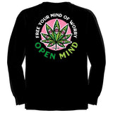 StonerDays Open Mind Long Sleeve shirt with vibrant leaf graphic, rear view on black