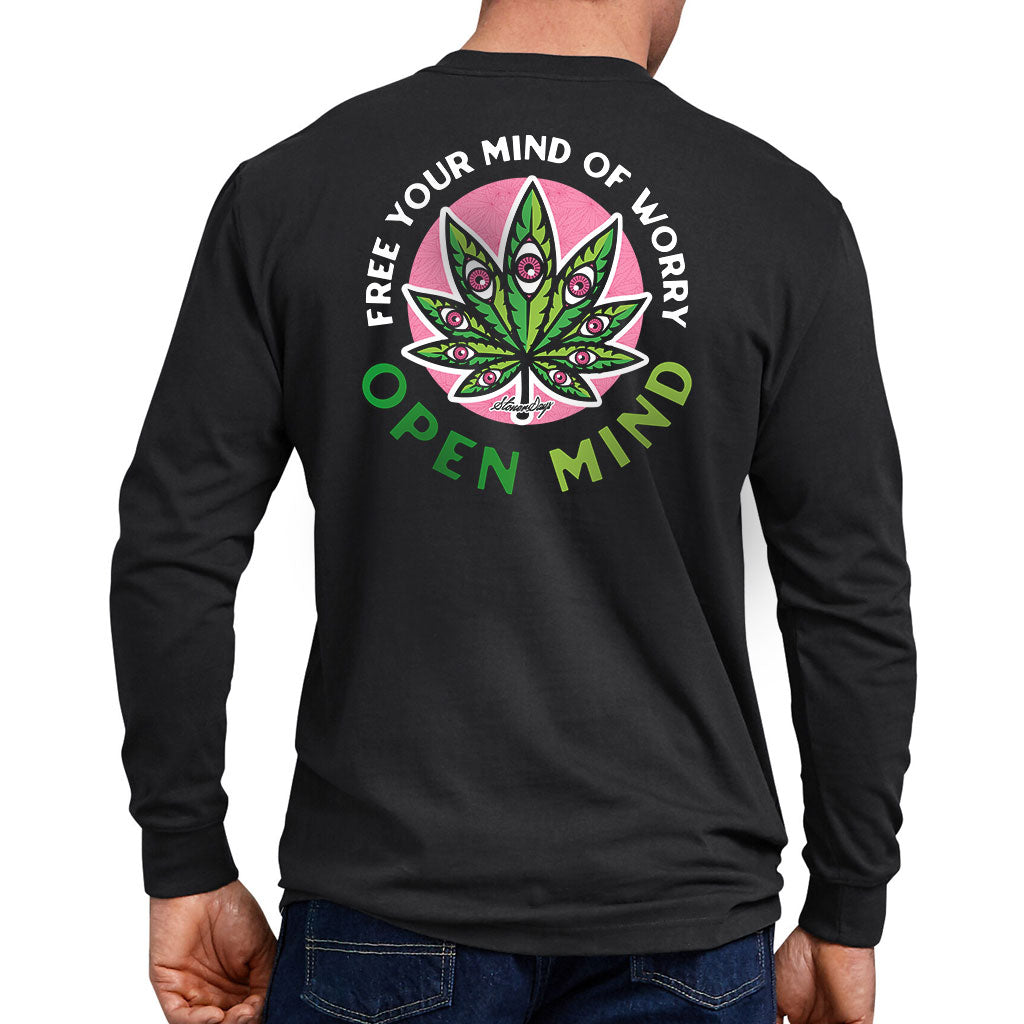 StonerDays Open Mind Long Sleeve shirt, back view, featuring a vibrant cannabis leaf design