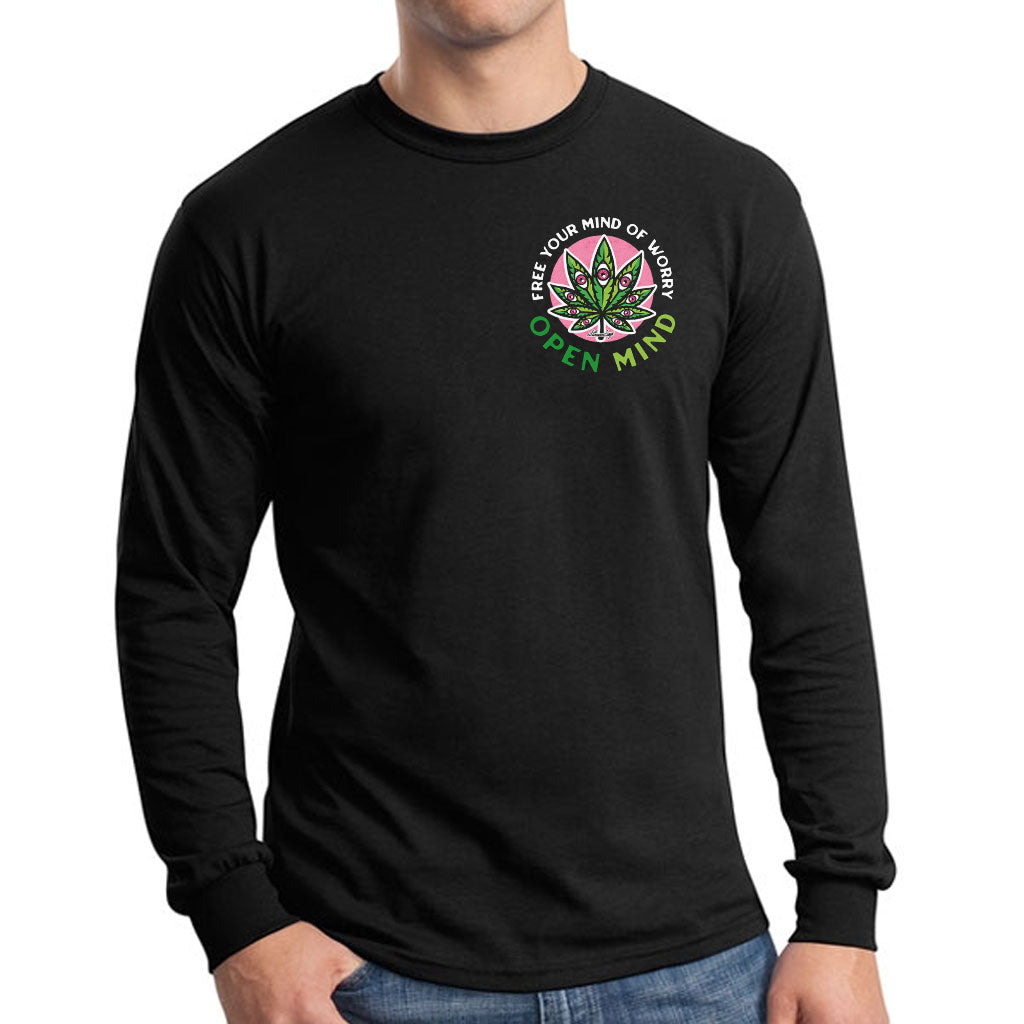 StonerDays Open Mind Long Sleeve Shirt in black cotton, front view on a male model