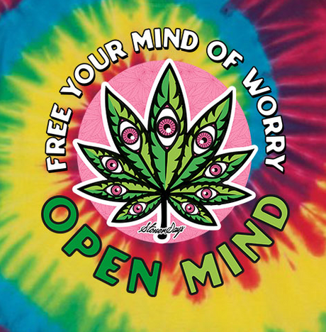 StonerDays Open Mind Rainbow Tie Dye T-Shirt with Vibrant Cannabis Leaf Design
