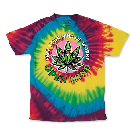 StonerDays Open Mind Rainbow Tie Dye T-Shirt with vibrant colors, front view on white background