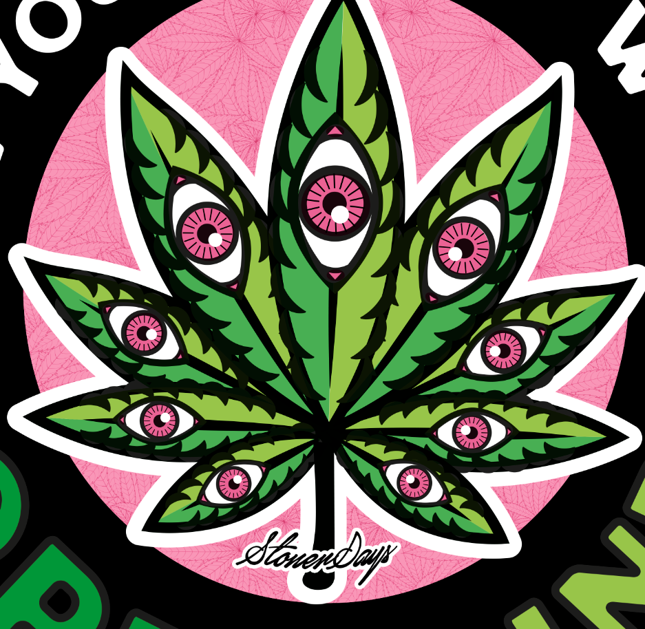 StonerDays Open Mind Tank graphic with eye-embellished cannabis leaf design on white background