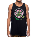 StonerDays Open Mind Tank top in black, unisex design with vibrant leaf graphic, front view on model