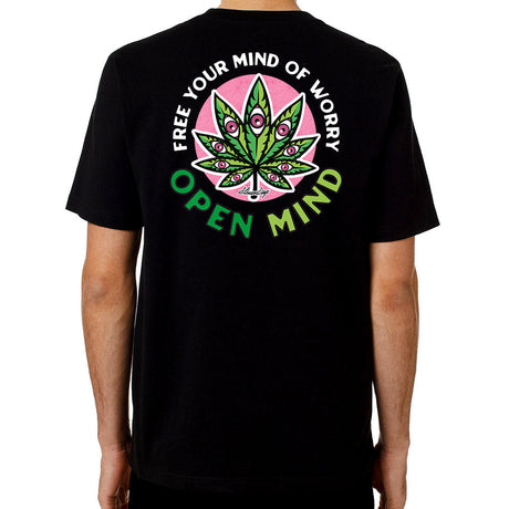 StonerDays Open Mind Tee with vibrant leaf graphic, rear view on a model