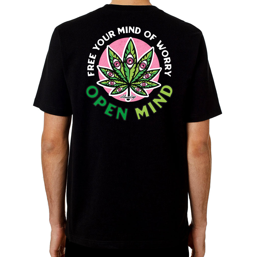 StonerDays Open Mind Tee with vibrant leaf graphic, rear view on a model