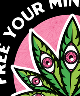 Close-up of StonerDays Open Mind Tee design featuring psychedelic leaf and eye graphics