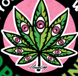 StonerDays Open Mind Tee design close-up featuring psychedelic eye-embellished cannabis leaf