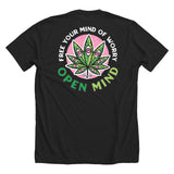 StonerDays Open Mind Tee with vibrant leaf graphic on back, black cotton, rear view