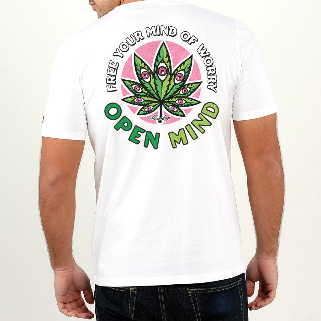 StonerDays Open Mind White Tee with vibrant back print, male model rear view