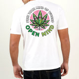 StonerDays Open Mind White Tee with vibrant back print, male model rear view