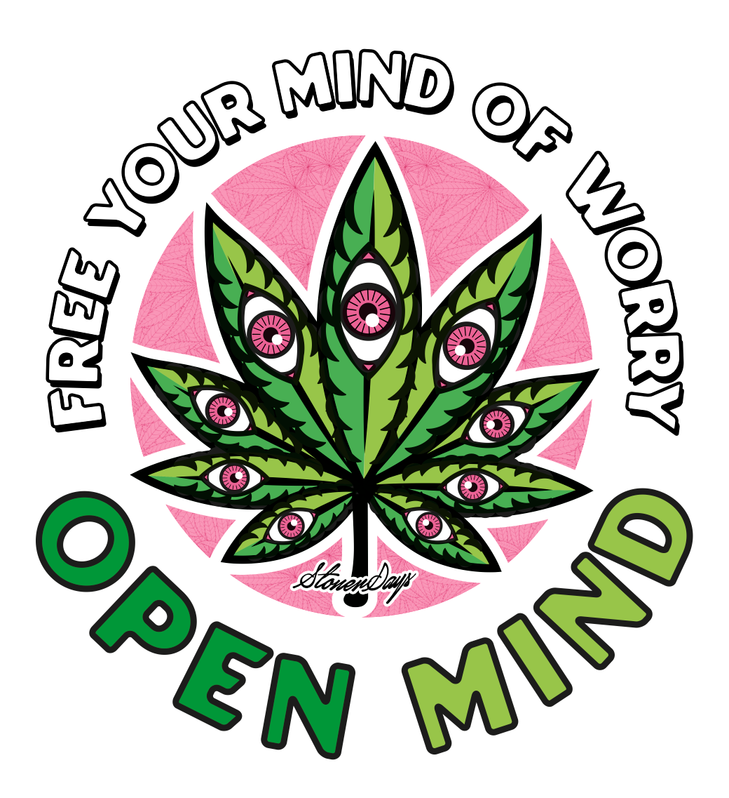StonerDays Open Mind White Tee with graphic cannabis leaf design and inspirational slogan
