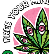 StonerDays Open Mind White Tee close-up of graphic design with cannabis leaf and eyes