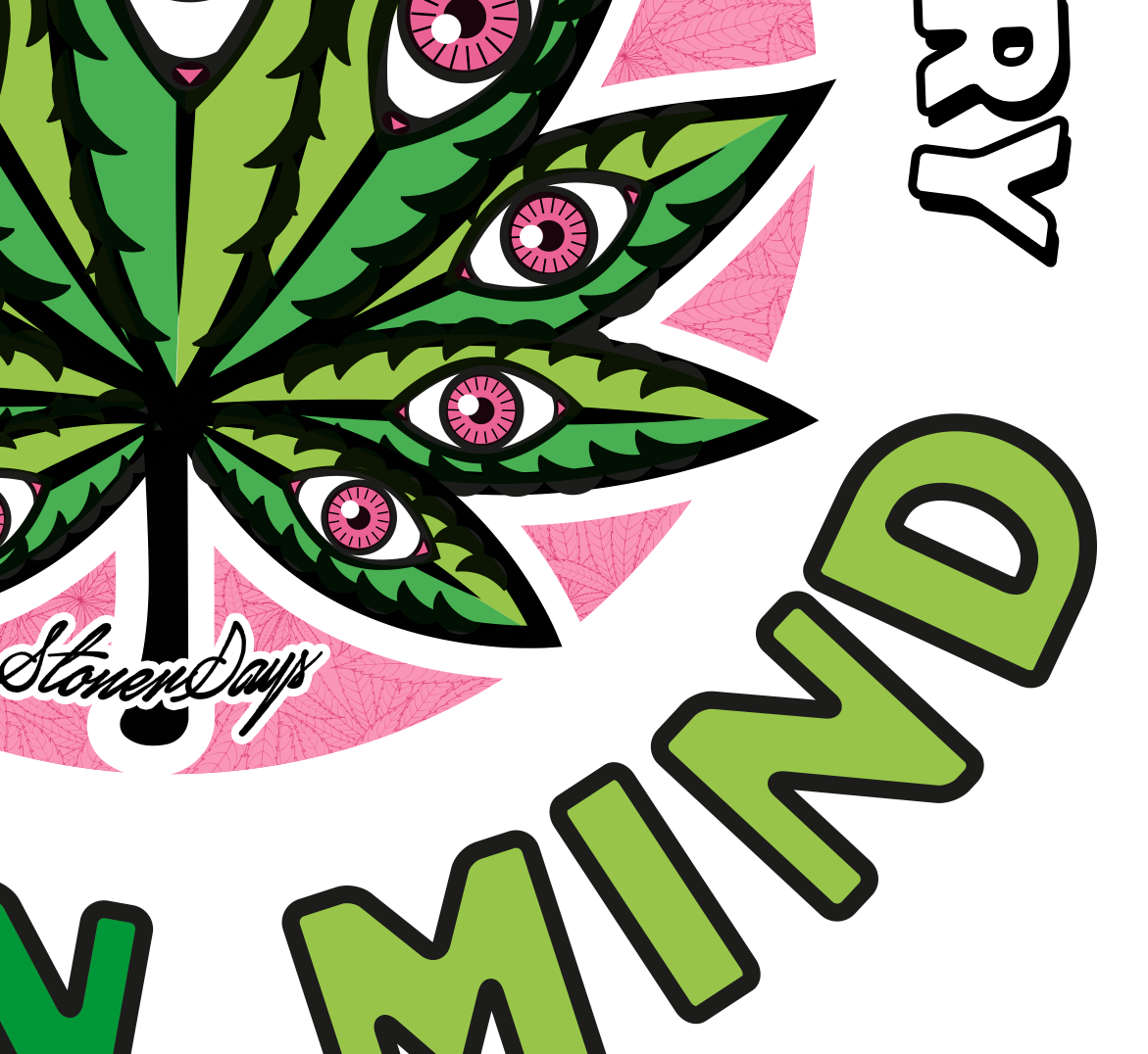 Close-up of StonerDays Open Mind White Tee with Cannabis Leaf and Eye Design