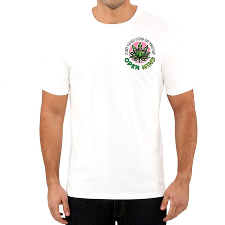 StonerDays Open Mind White Tee front view on model, featuring vibrant leaf design and logo