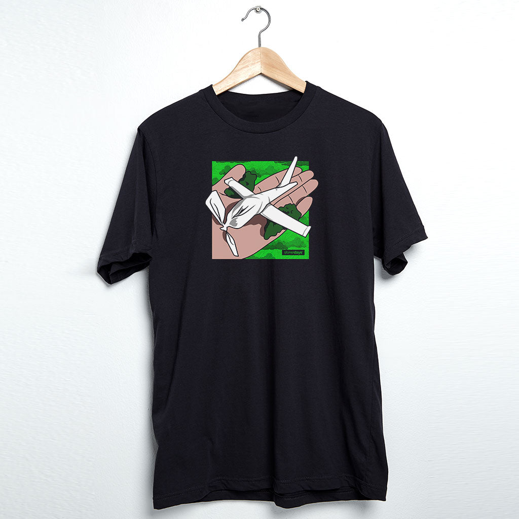 StonerDays Paper Plane men's black cotton t-shirt with graphic design, front view on hanger