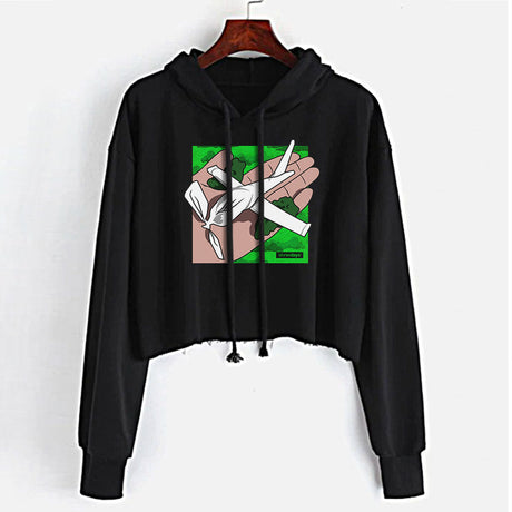 StonerDays Paper Plane Crop Top Hoodie in black with green graphic, front view, available in S to XL