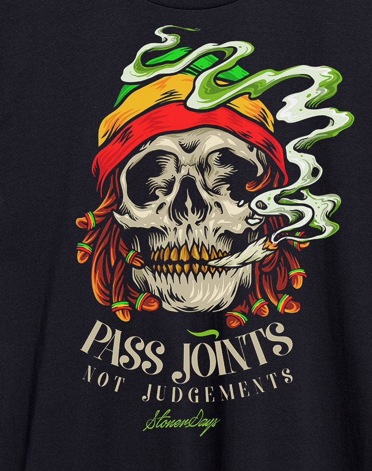StonerDays men's black t-shirt with 'Pass Joints Not Judgments' graphic, front view
