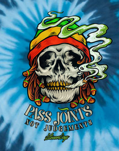 StonerDays blue tie-dye t-shirt with 'Pass Joints Not Judgements' graphic, front view on white background