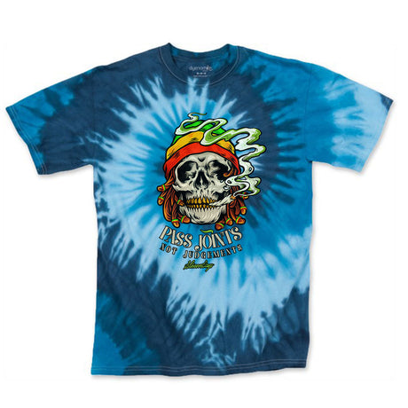 StonerDays blue tie-dye t-shirt with 'Pass Joints Not Judgements' graphic, front view on white
