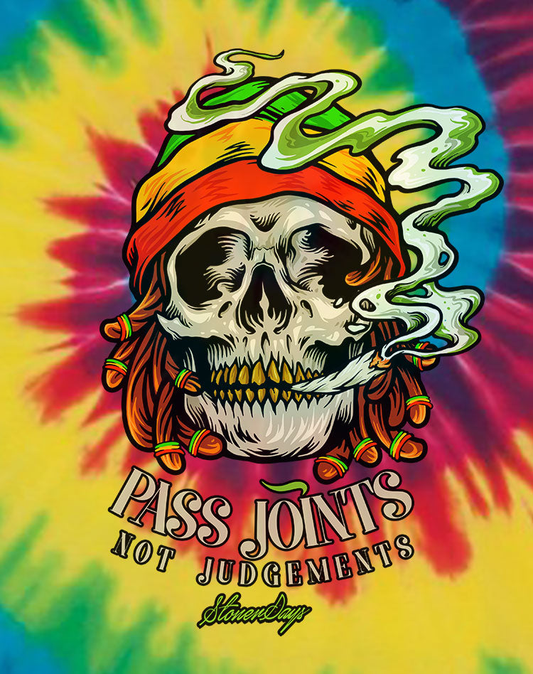 StonerDays men's cotton tee with rainbow tie-dye design and 'Pass Joints Not Judgements' graphic