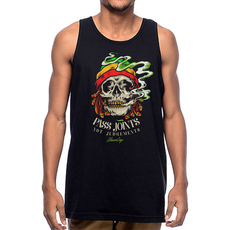 StonerDays Tank Top featuring skull design with 'Pass Joints Not Judgments' slogan, front view on male model