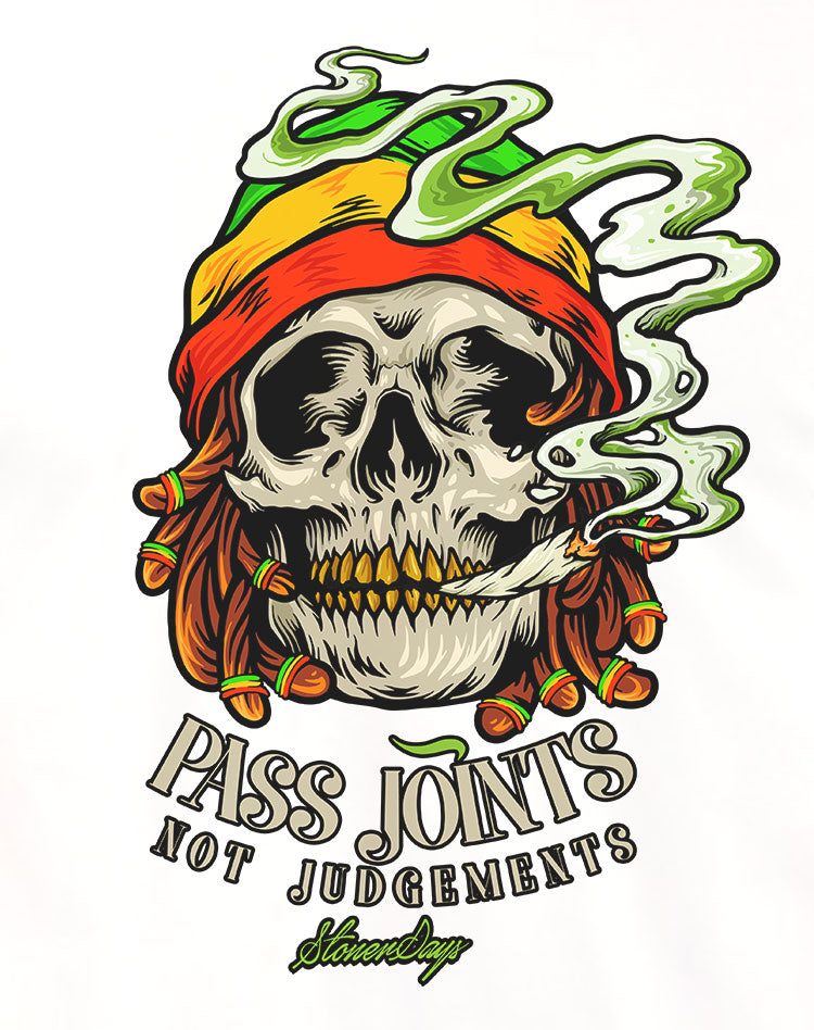 StonerDays white tee with 'Pass Joints Not Judgements' graphic, front view on a seamless white background