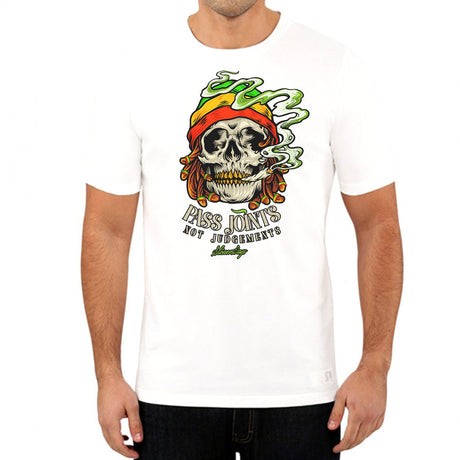 StonerDays white tee with 'Pass Joints Not Judgements' print, front view on male model