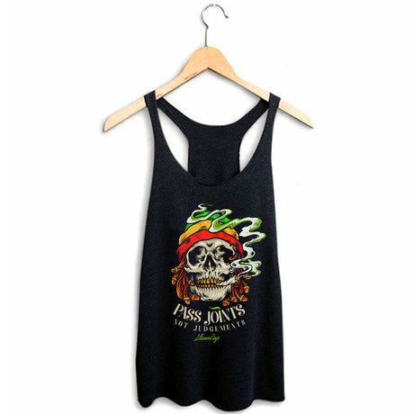 StonerDays Women's Racerback Tank Top with 'Pass Joints Not Judgements' Graphic, Black, Hanging View