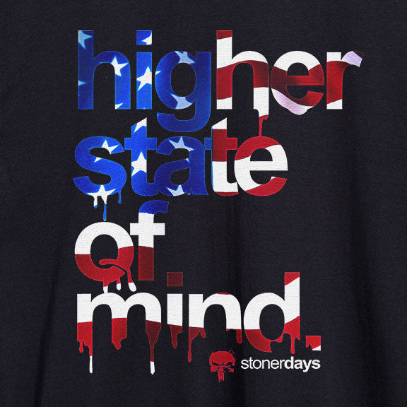 StonerDays Patriot Crop Top close-up, featuring bold 'higher state of mind' graphic