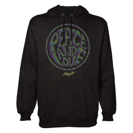 StonerDays Peace And Love Hoodie in black with vibrant green and purple design, front view on a white background