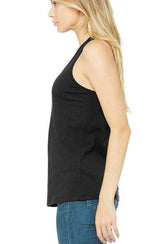 Side view of woman wearing StonerDays Peace And Love Racerback tank top in black