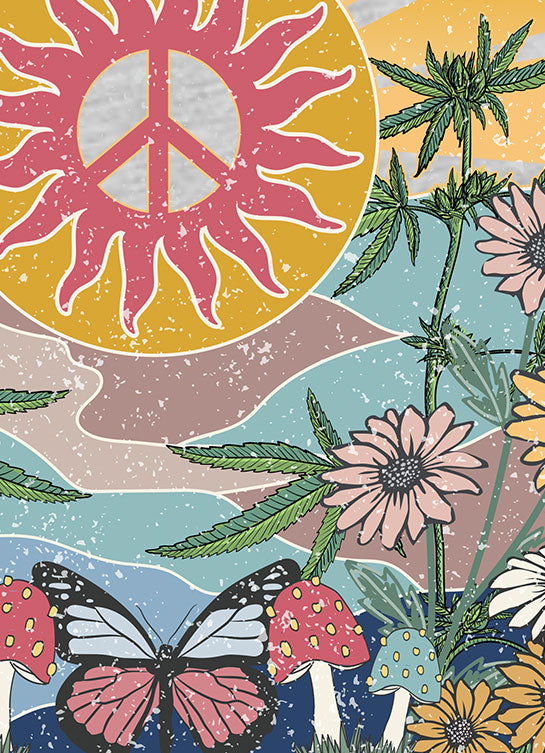 StonerDays Peace, Love & Flowers design on Grey Crop Top for women, featuring vibrant hippie-inspired graphics