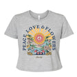 StonerDays Peace, Love & Flowers Grey Crop Top for Women, Front View on White Background
