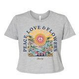 StonerDays Peace, Love & Flowers Grey Crop Top for Women, Front View on White Background