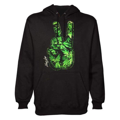 StonerDays Peace Out Hoodie in black with vibrant green leafy peace sign design, front view