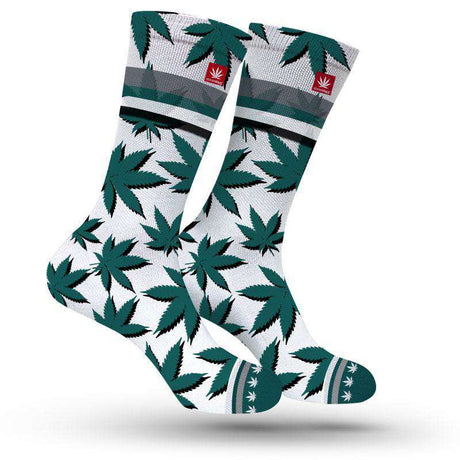 StonerDays Philadelphia themed green weed leaf print socks in cotton blend, one size fits all