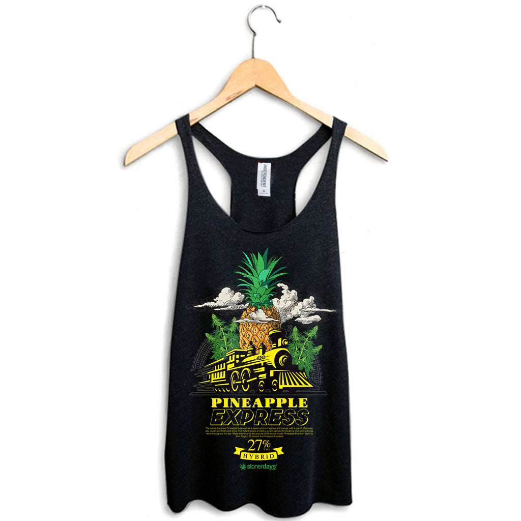 StonerDays Pineapple Express Racerback tank top, black cotton blend, front view on hanger