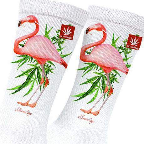 StonerDays Pink Flamingo Marijuana Socks with cannabis leaf design, made from comfortable cotton blend