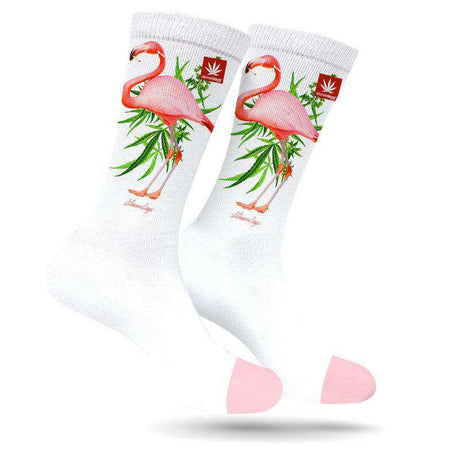 StonerDays Pink Flamingo Marijuana Socks with cannabis leaf accents, front view on white background