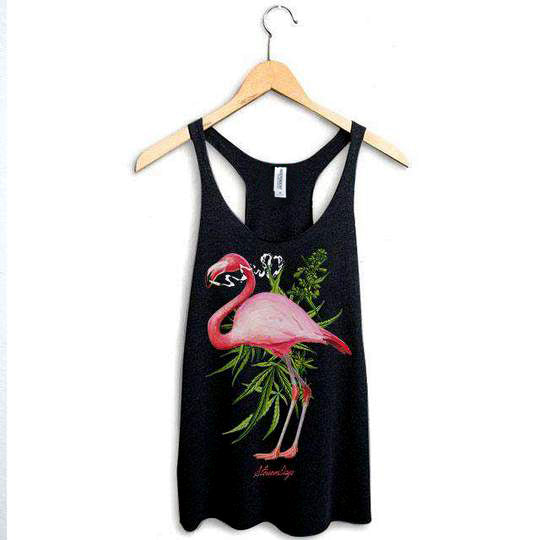 StonerDays Pink Flamingo Racerback tank top in black for women, sizes S-XXL, front view on hanger