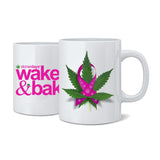 StonerDays Pink Nug Mug front and side view, 11 oz ceramic with 'wake & bake' text and cannabis leaf design
