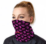 StonerDays Pink Weed Leaf Pattern Neck Gaiter on Model, Front View, Polyester Material