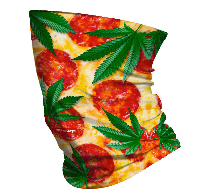 StonerDays Neck Gaiter featuring Pizza and Kush Leaf design, vibrant colors on white background