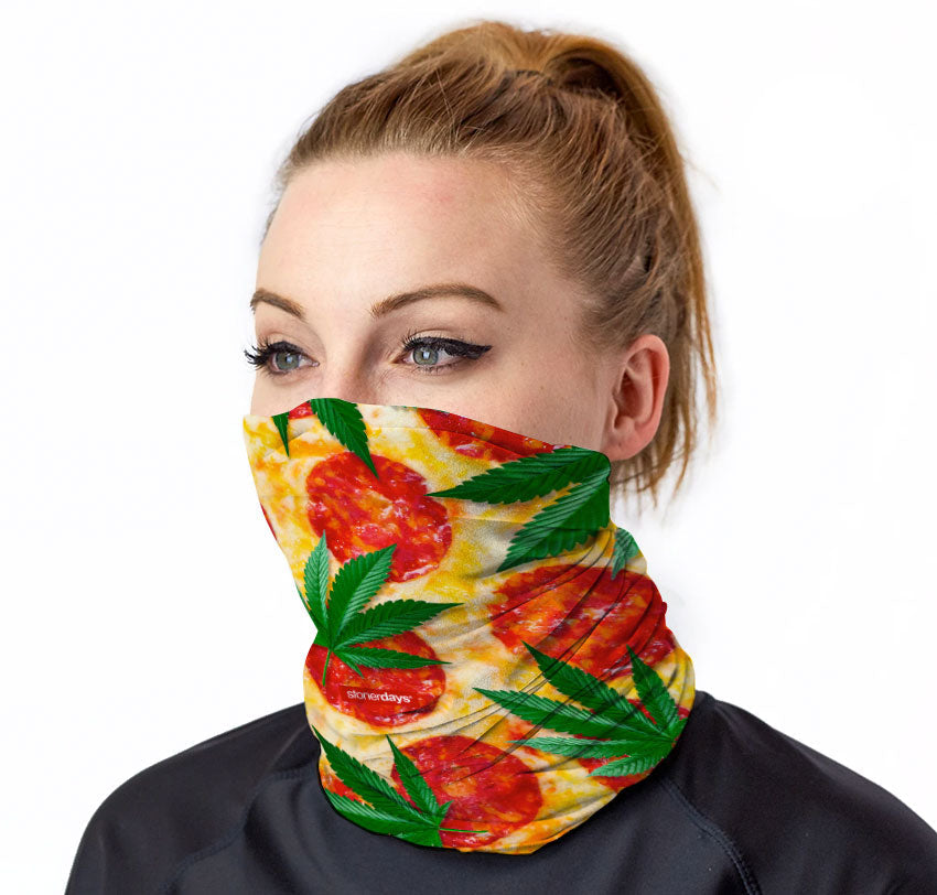 StonerDays Neck Gaiter with Pizza and Kush Leaf Design, Front View on Model
